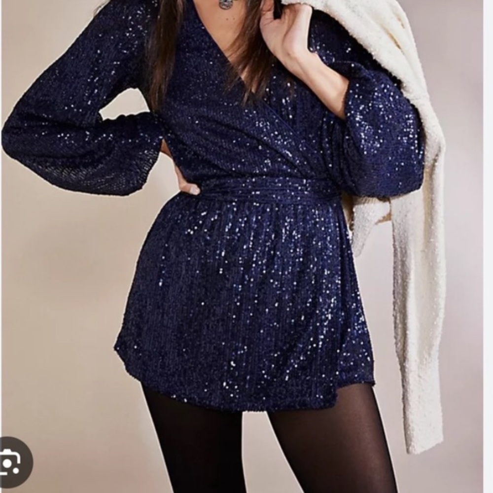 Navy Sequin Romper with Long Sleeves - Picture 2 of 7